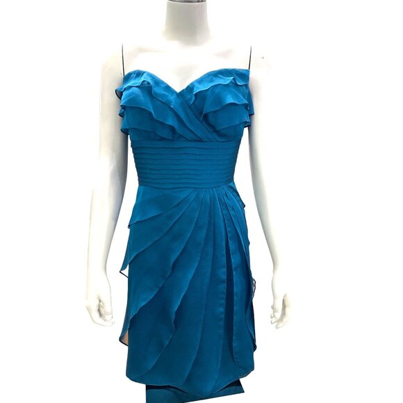 Adrianna Papell Evening Size 10 Teal Blue Chiffon Ruffle Cocktail Dress Luxury - Picture 2 of 8